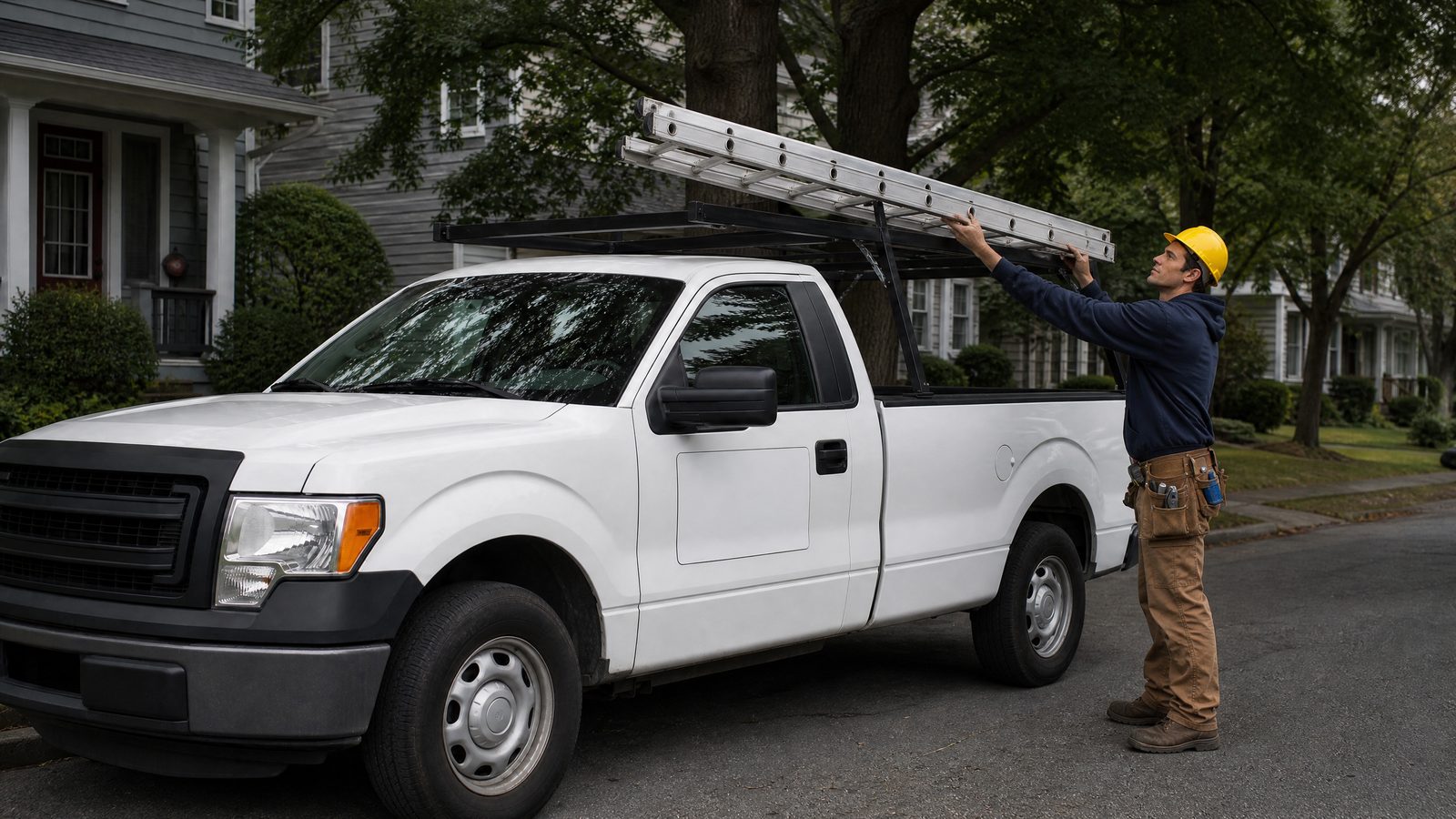 Unloading the ladder on a service-area street