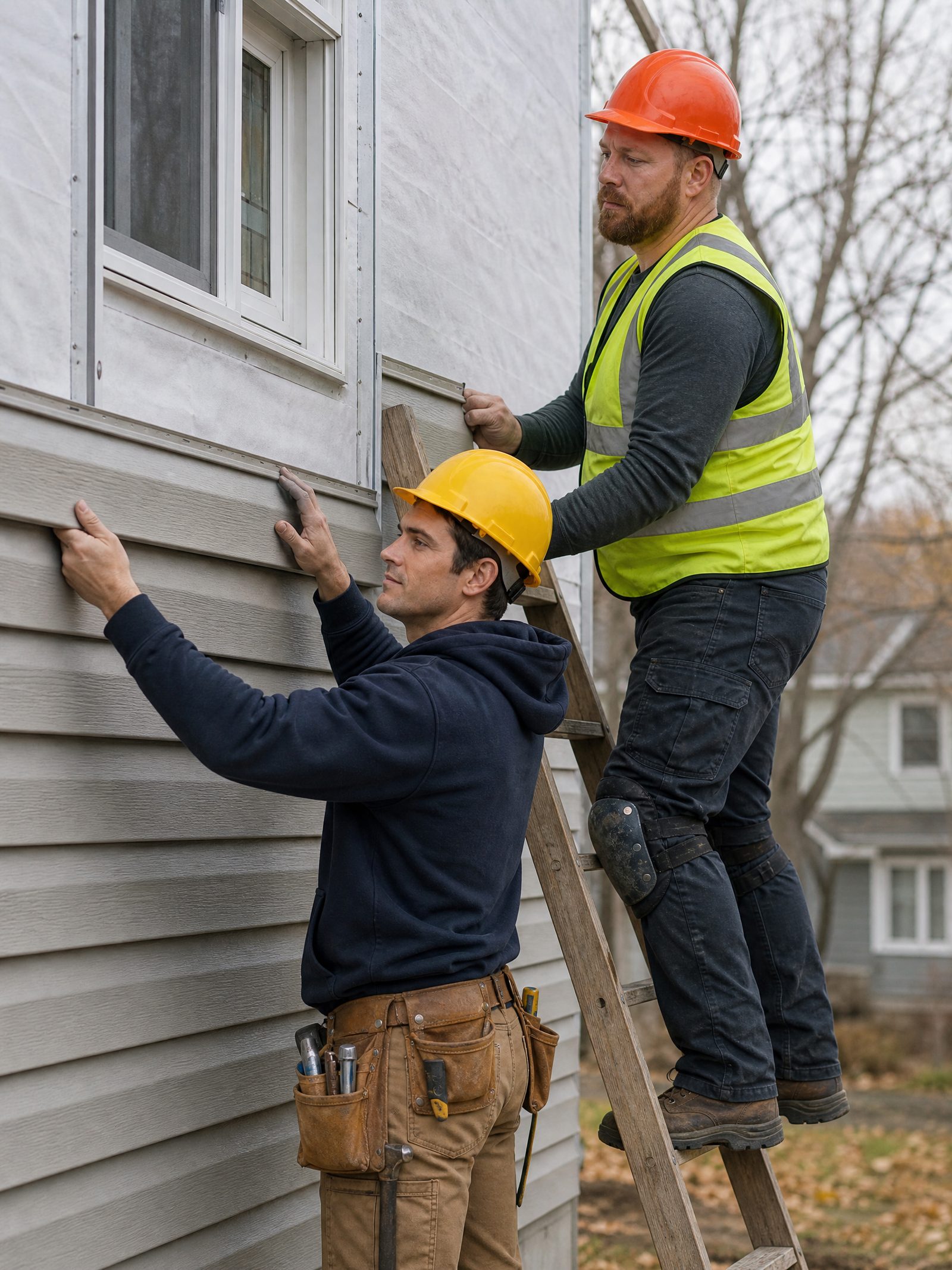 Two-man crew installing vinyl siding on a Schenectady home